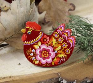 Магнитик на холодильник с Петриковской росписью "Курочка" (02)