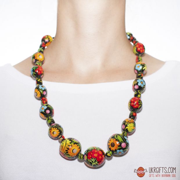 Бусы деревянные с Петриковской росписью (03)