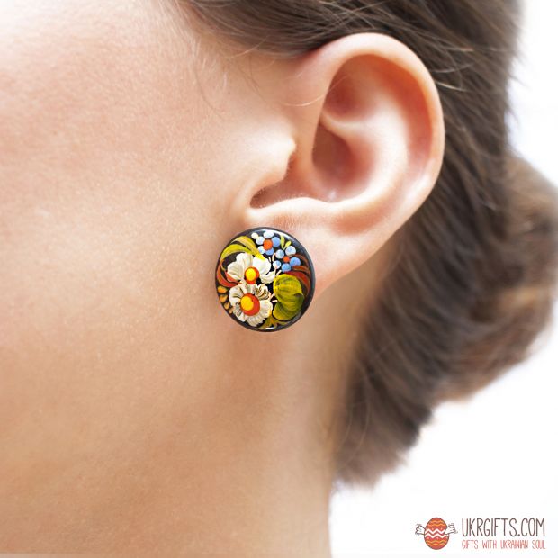 Серьги деревянные - гвоздики с Петриковской росписью