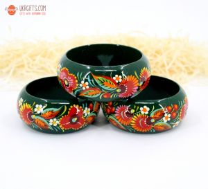 Браслет деревянный с Петриковской росписью, зеленый (средний)