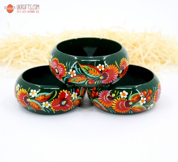 Браслет деревянный с Петриковской росписью, зеленый (средний)