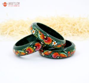 Браслет деревянный с Петриковской росписью, зеленый (узкий)