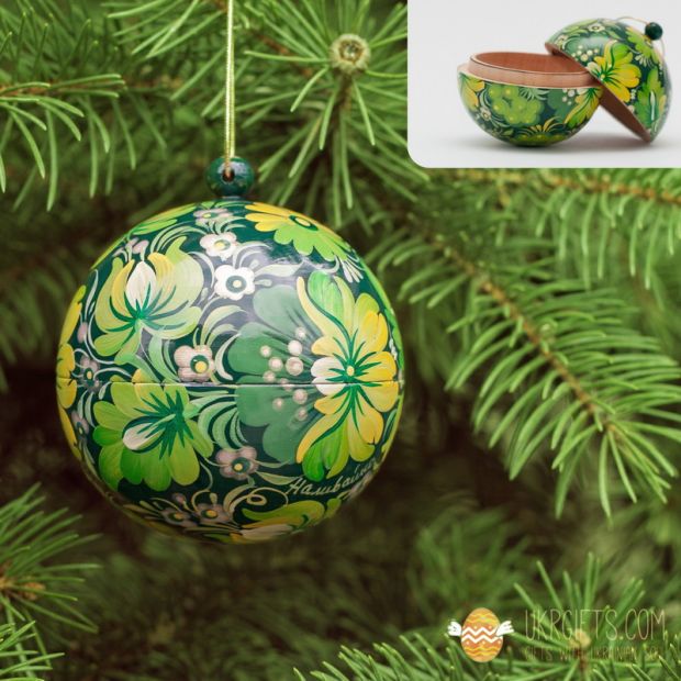 Елочный шар-шкатулка с Петриковской росписью 02