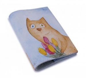 Обложка для паспорта "Кот с тюльпанами" (натур. кожа)