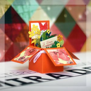 3D открытка-коробочка "З Днем народження" в оранжевом цвете