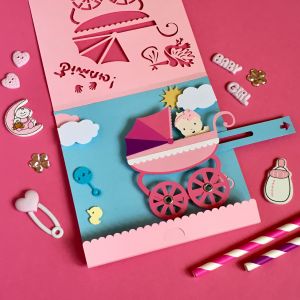 Механическая открытка - сюрприз на рождение ребенка - девочки