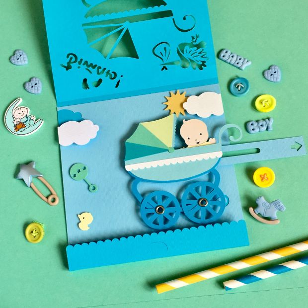 Механическая открытка - сюрприз на рождение ребенка - мальчика