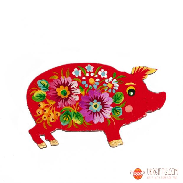 Магнит с Петриковской росписью Свинка, красная