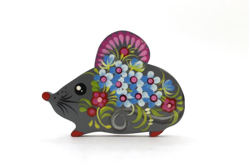 Магнит с Петриковской росписью Мышка цветущая