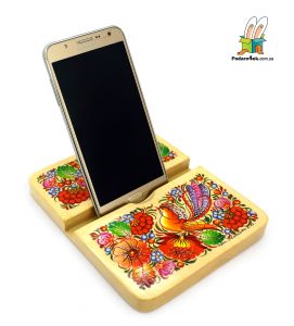 Деревянная подставка для гаджетов с Петриковской росписью (03)