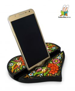 Деревянная подставка для гаджетов с Петриковской росписью "Сердце" (05)