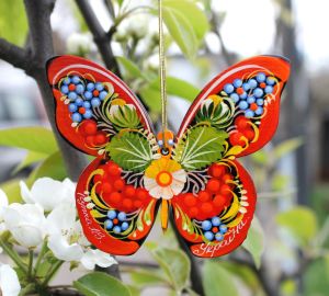 Елочная игрушка с Петриковской росписью "Бабочка" калина на черном