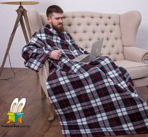 Плед с рукавами "Клетка серый и розовый", мужской