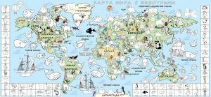 Обои-раскраски "Карта Мира с животными цветная" (рус) 60х130см