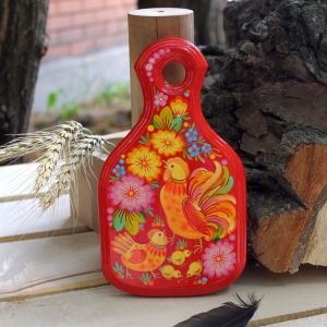 Досточка с Петриковской росписью (02) "Петушок на красном"