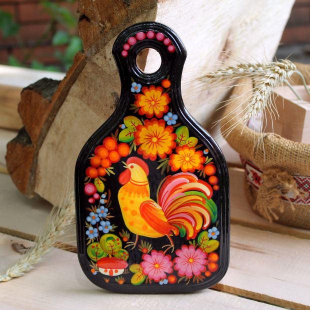 Досточка с Петриковской росписью (01) "Петушок на черном"