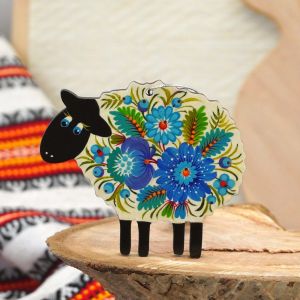 Елочная игрушка с Петриковской росписью "Овечка" в голубом