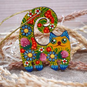 Елочная игрушка с Петриковской росписью "Кот", голубые цветочки