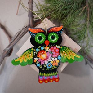 Елочная игрушка с Петриковской росписью "Сова" зеленоглазая