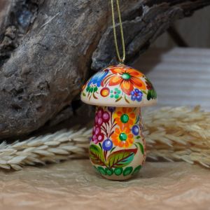 Елочная игрушка с петриковской росписью "Грибочек", колокольчики