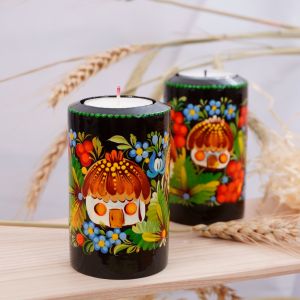 Подсвечник деревянный цилиндр "Хуторок " Петриковская роспись (01)