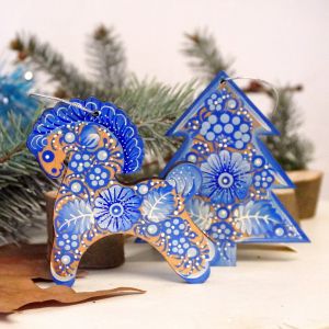 Набор елочных игрушек с Петриковской росписью " Елочка и лошадка" в голубых тонах