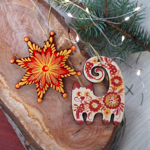Набор елочных игрушек с Петриковской росписью "Котик и звездочка" искрящий