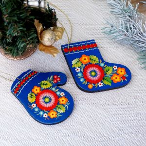 Набор елочных игрушек с Петриковской росписью "Варежка и сапожок" на синем