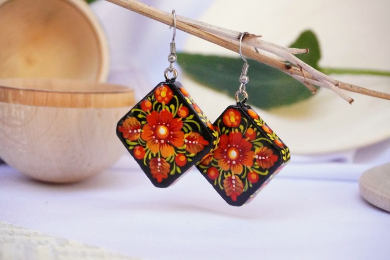 Серьги деревянные "Ромбы" терракотовые с Петриковской росписью