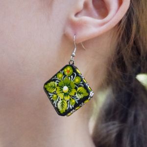 Серьги деревянные "Ромбы" зеленые с Петриковской росписью