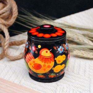 Солонка, емкость для сыпучих с Петриковской росписью "Курочка с цыплятами" на черном