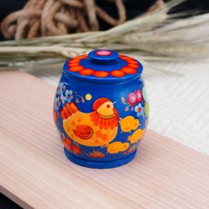 Солонка, емкость для сыпучих с Петриковской росписью "Курочка с цыплятами" на синем