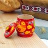 Солонка, емкость для сыпучих с Петриковской росписью "Курочка с цыплятами" на красном