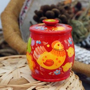Солонка, емкость для сыпучих с Петриковской росписью "Курочка с цыплятами" на красном