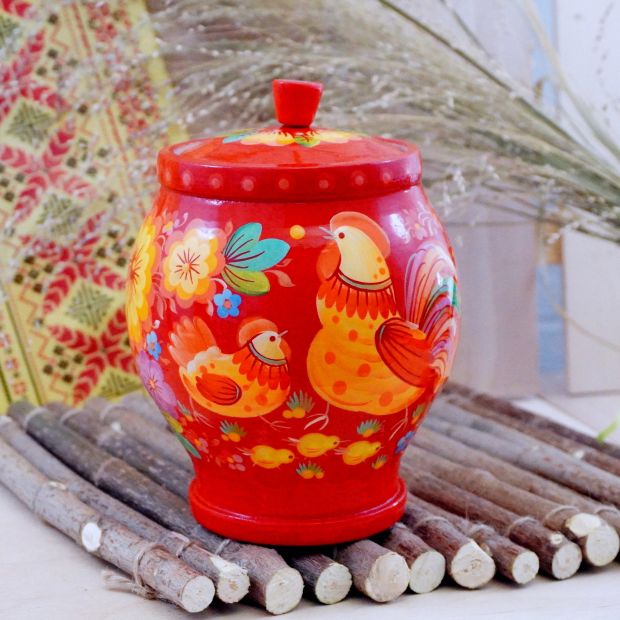 Сахарница, емкость для сыпучих с Петриковской росписью "Петушок" на красном