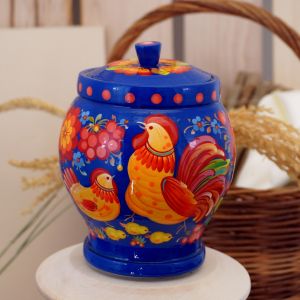 Сахарница, емкость для сыпучих с Петриковской росписью "Петушок" на синем