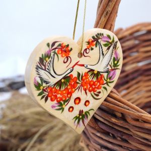 Елочная игрушка с Петриковской росписью "Сердце" поющие птицы