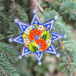 Елочная игрушка с Петриковской росписью "Рождественская звездочка" серебряная кайма