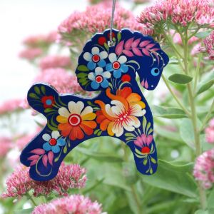 Елочная игрушка с Петриковской росписью "Коник", цветы на синем