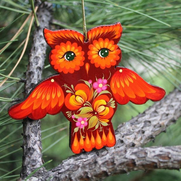 Елочная игрушка с петриковской росписью "Сова" алая
