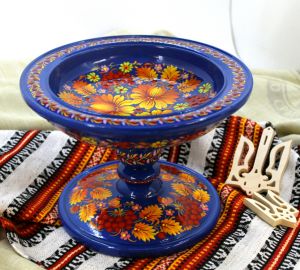 Конфетница-фруктовница на ножке Петриковская роспись "Осенняя"