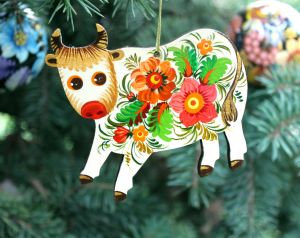 Елочная игрушка с Петриковской росписью "Бычок", веселый