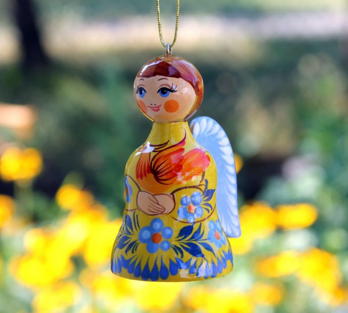 Ангелочек-колокольчик с Петриковской росписью, золото на алом