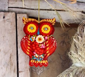 Деревянная елочная игрушка с Петриковской росписью "Совушка"