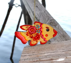 Елочная игрушка с Петриковской росписью "Рыбка" золотая