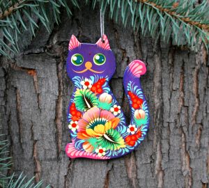 Елочная игрушка с Петриковской росписью "Котик" розовые ушки