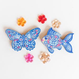 Набор магнитов с Петриковской росписью "Бабочка и Рыбка" в розово-голубых тонах