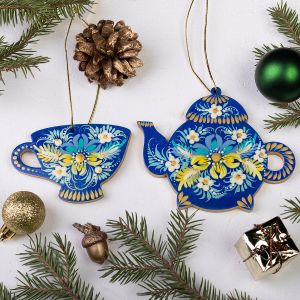  Набор елочных игрушек с Петриковской росписью, "Душевное чаепитие" (02)