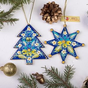 Подарочный набор декора с Петриковской росписью "Елка и звезда" золото на голубом