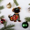 Елочная игрушка с Петриковской росписью "Собачка", цветочки на черном